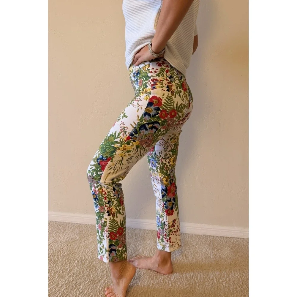 Up! Floral Print Stretch Ankle Pants Straight Leg White Multicolor‎ size 2